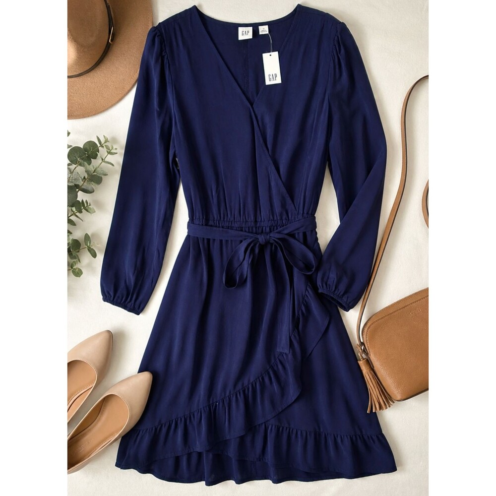 NWT GAP Navy Blue Wrap Dress Size 12 Midi Long Sleeve Tie Waist Ruffle Hem